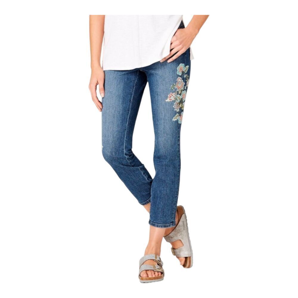 J. Jill Authentic Fit Stretch Denim Floral Embroidered Cropped Capri Jeans, 16P